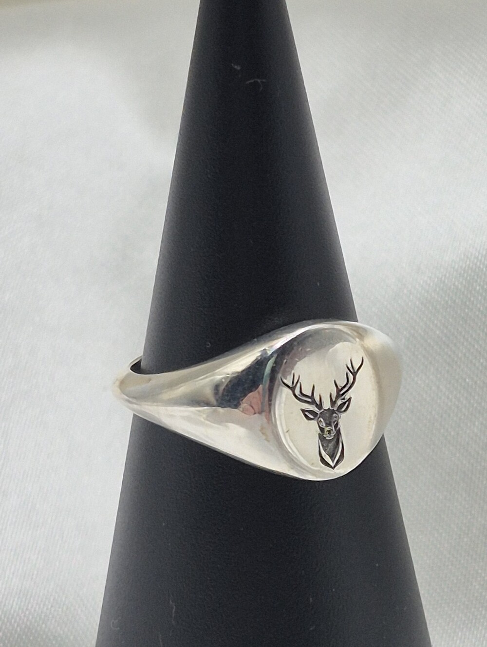 Sterling Silver Deer Antler Signet Ring - Black Engraved Stag Size 5.5 Sweet